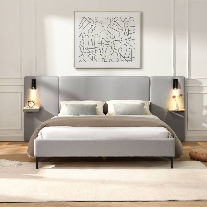 Grey Linen Platform Bed Upholstered Wingback Big Frame Bed with Bedside Lights and Shelves Storage Bed, Chic Panel Bed - Grey - Queen