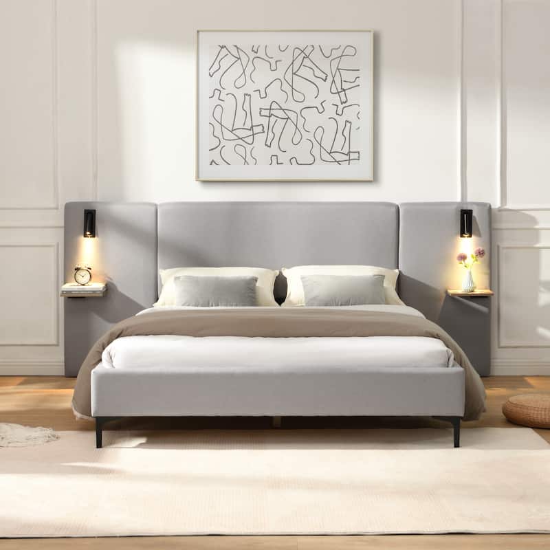 Grey Linen Upholstered Bed with Integrated Lights and Shelves, Queen Size