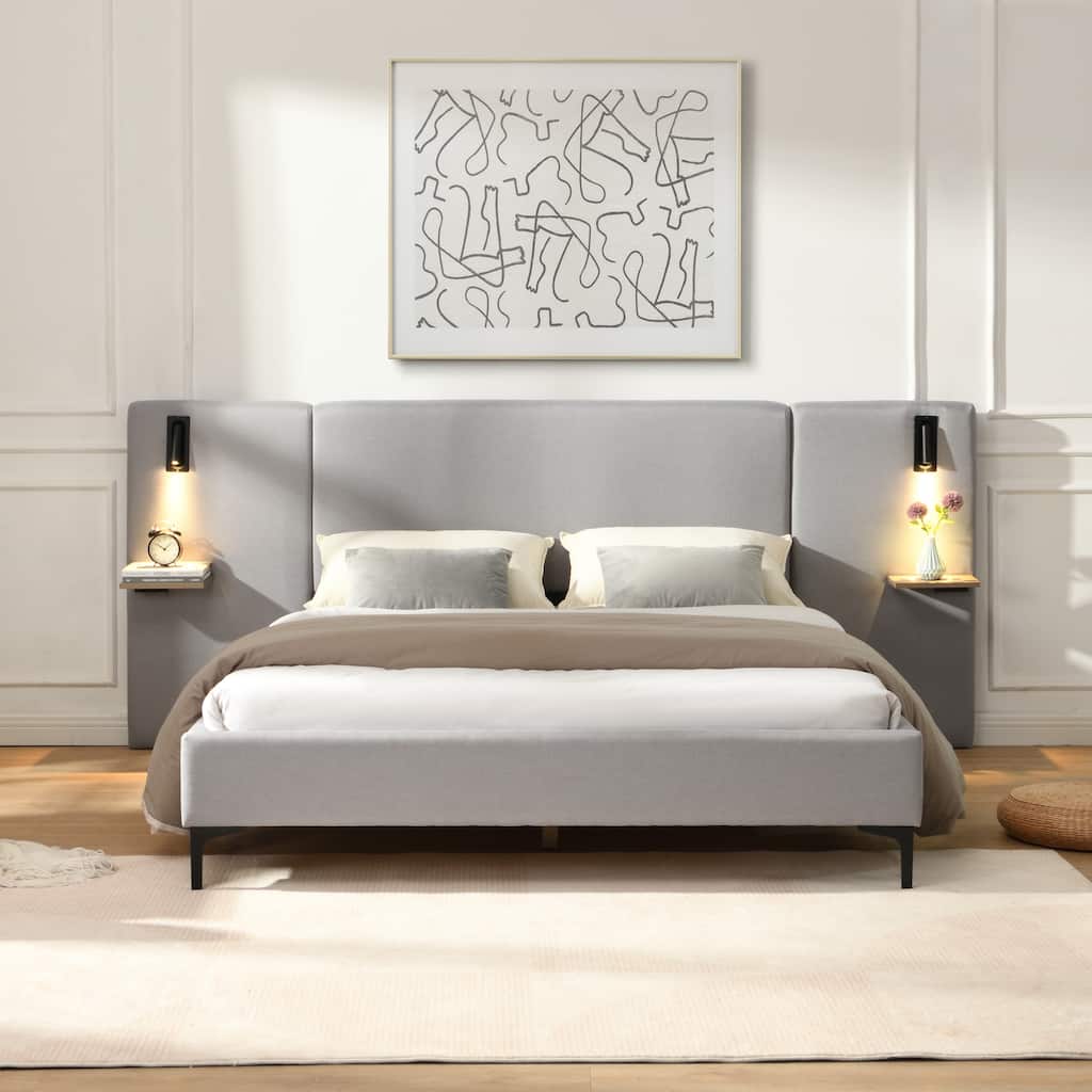 Linen Upholstered Bed with Integrated Lights and Shelves