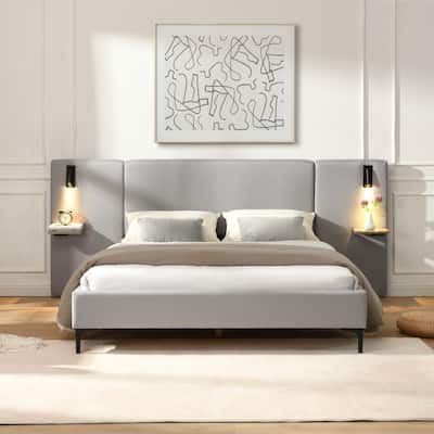 Linen Upholstered Frame Wingback Bed Built-in Lights and Shelves