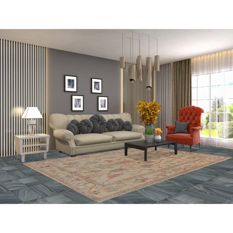 Hand Knotted Oriental 100% Wool Carpet Transitional All-Over Beige & Ivories Oushak Area Rug - 9' 2'' X 6' 2''