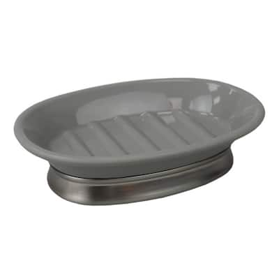 Rubberized Plastic Soap Dish with Non-Skid Metal Base - Grey