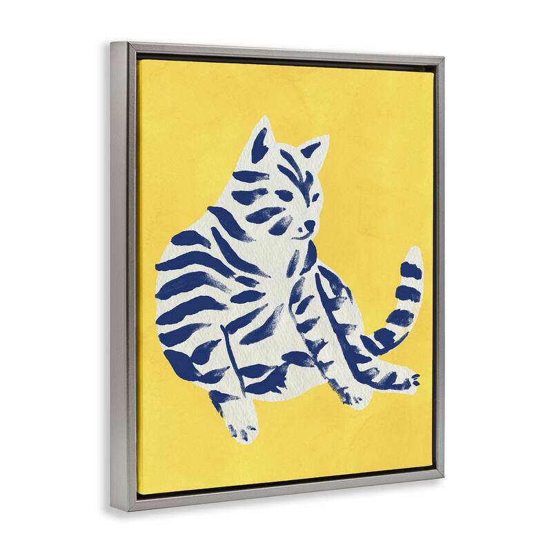 Stupell Unique Bright Cat on Yellow Framed Floater Canvas Wall Art Design By June Erica Vess