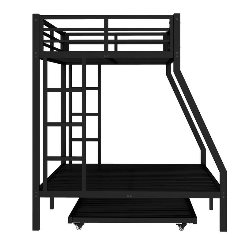 Metal Bed Frame Twin Over Full Bunk Bed with Twin Size Trundle Bed, Built-in Ladder and Full-Length Guardrails for Kids