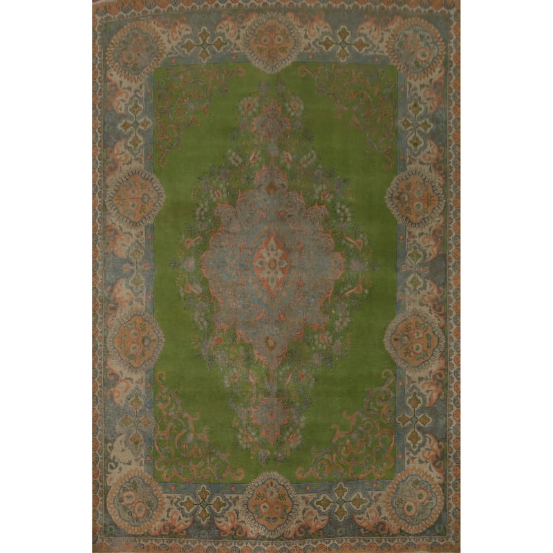 Hand Knotted Oriental 100% Wool Carpet Traditional Floral Green Tabriz Area Rug - 12' 10'' X 10' 0''
