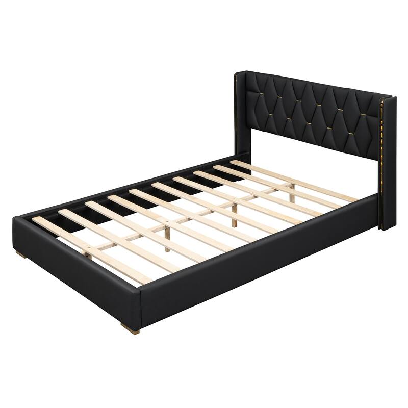 Full Size Upholstered Platform Bed with PU Leather Headboard and Sturdy Frame