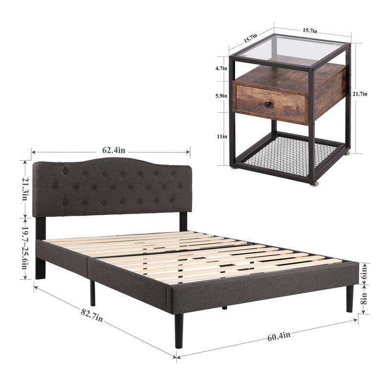 Taomika 3-pieces Height Adjustable Upholstered Bed and Modern Tempered Glass Nightstands Set