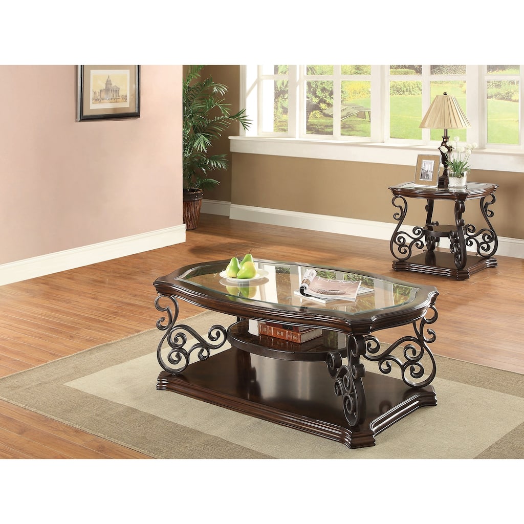 Laney Glass Top Coffee and End Table Set Dark Merlot