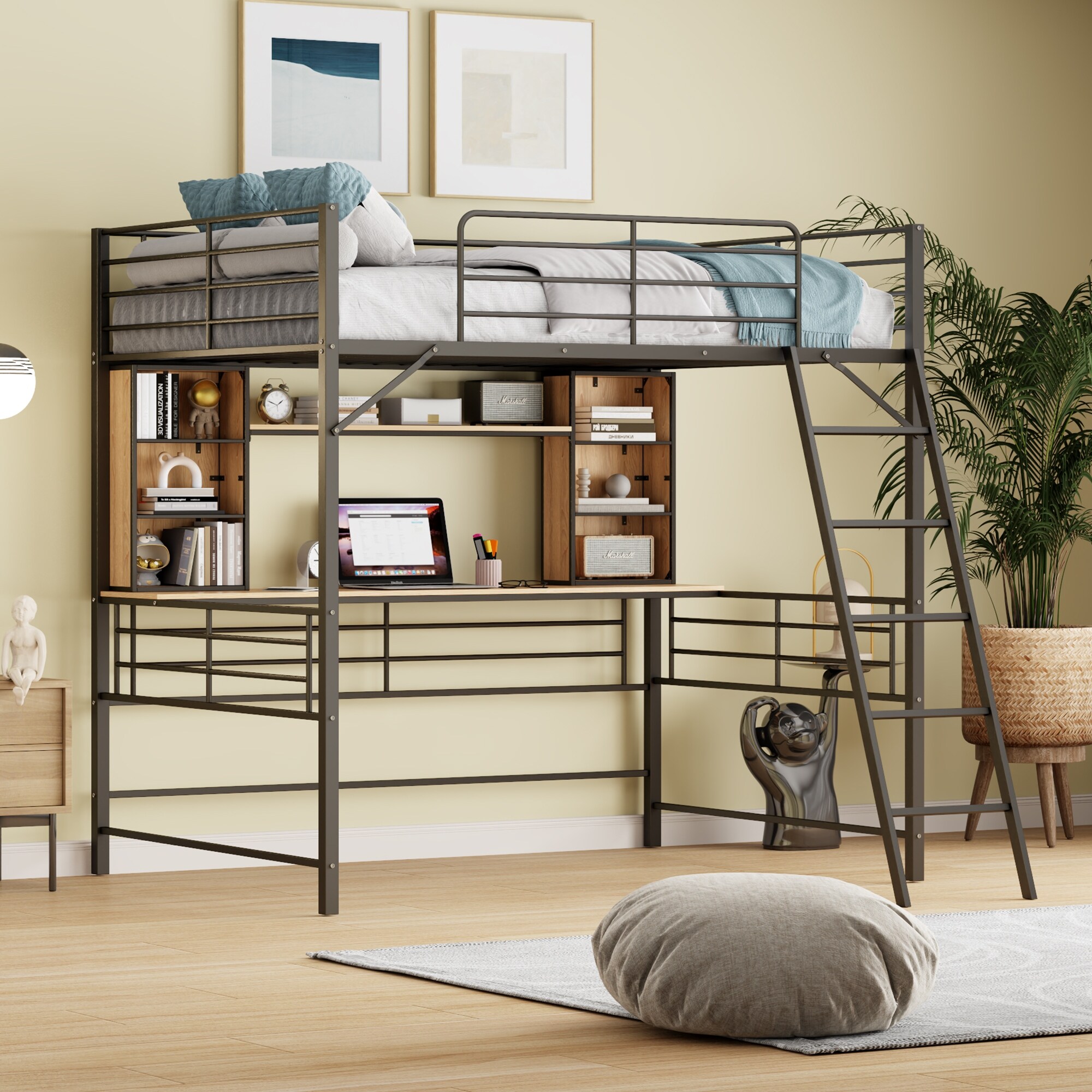 Black Full Size Metal Loft Bed with Desk Shelf and Ladder Bed Bath Beyond 41844016