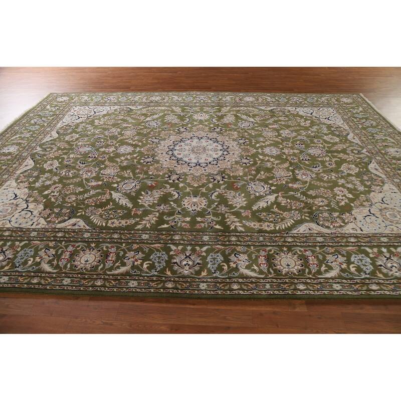 Traditional Green Kashan Oriental Area Rug Floral Wool & Silk Carpet - 9'0"x 12'0"