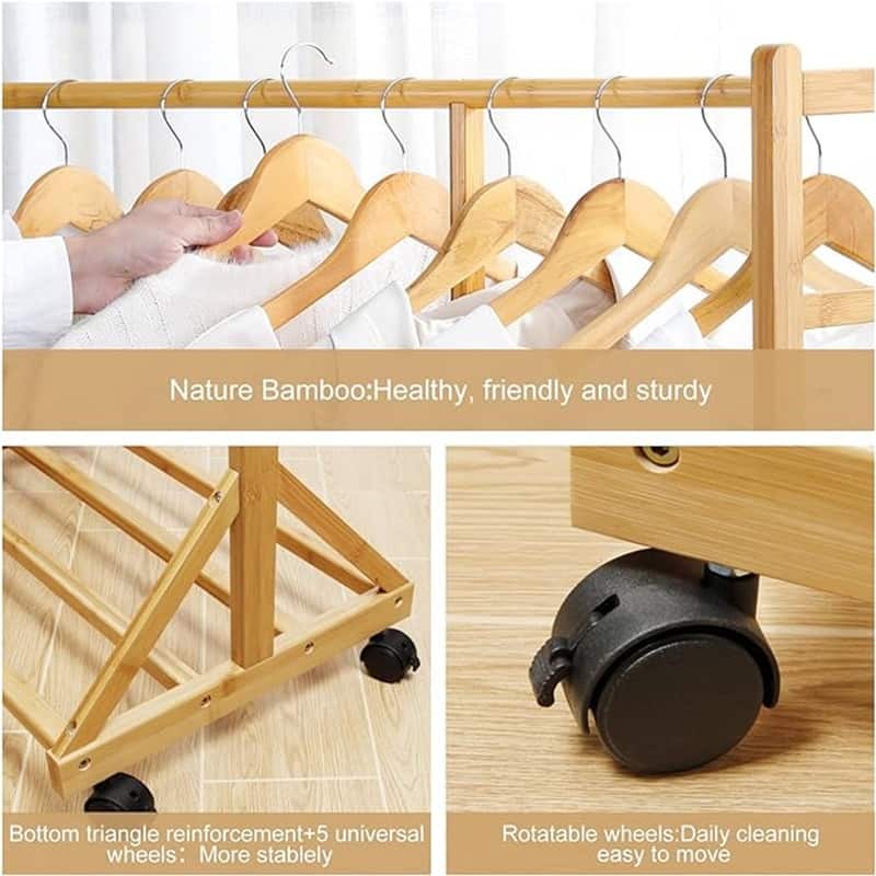 Clothing Rack Bamboo Garment Rack Rolling - 15"D x 39"W x 69"H