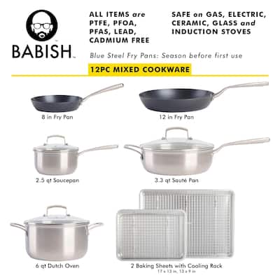 Babish 12-Piece Mixed Material (Stainless Steel, Carbon Steel, & Aluminum) Professional Grade Cookware Set W/ Baking Sheets