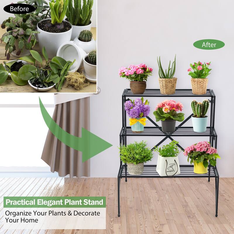 3 Tier Metal Plant Stand Black Corner Plant Stand w Widened Grid Shelf