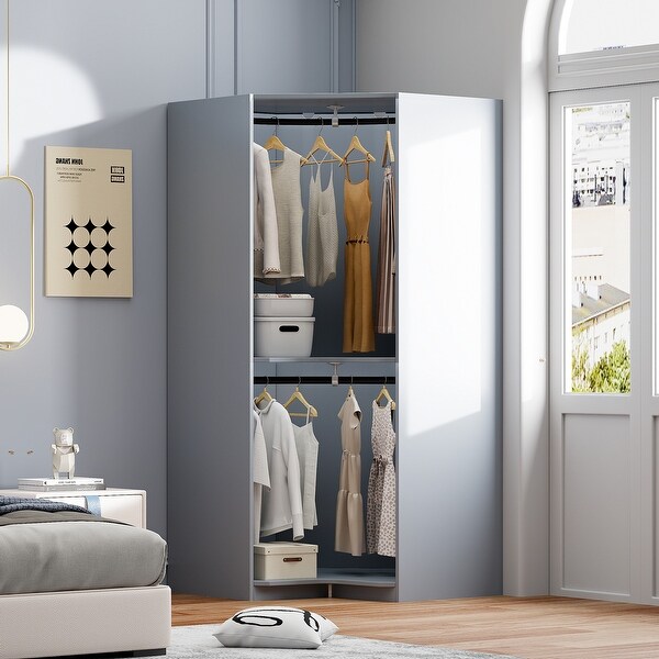 Corner Wardrobe Closet Organizer with 2 Hanging Rails & Shelves