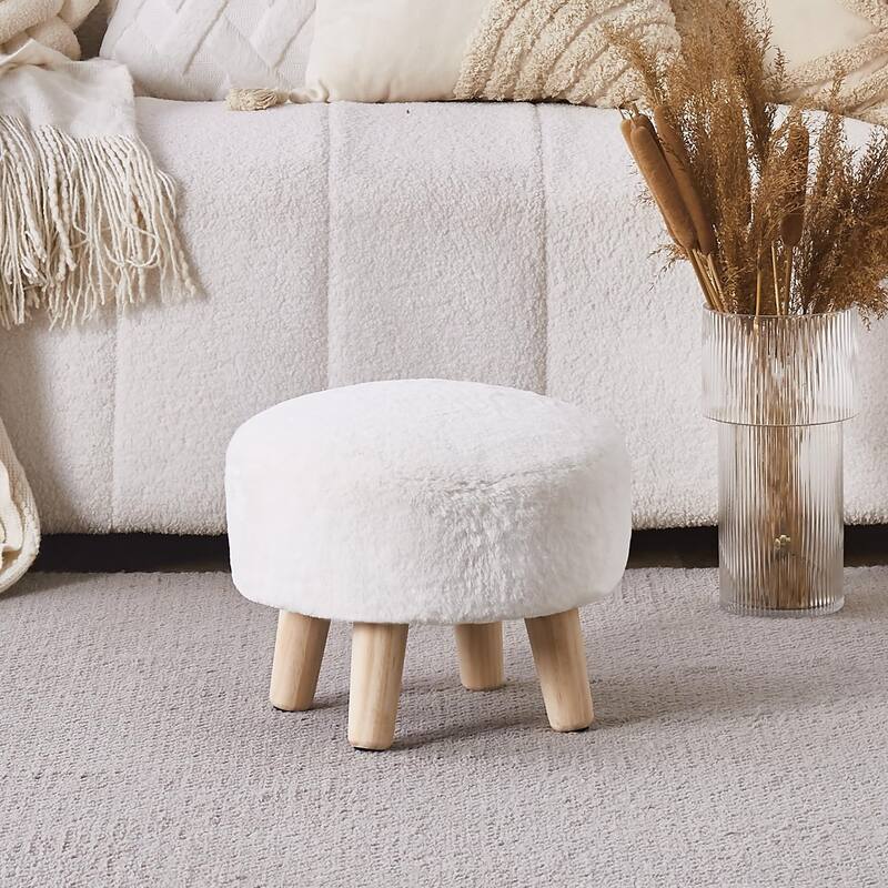 Plush Faux Fleece Round Ottoman Footstool with Wooden Legs and Cozy Seat for Living Room