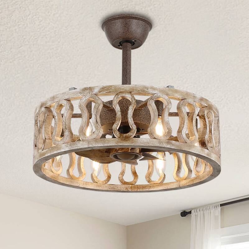 18" Oaks Aura Farmhouse Distressed Wood Caged Ceiling Fan with Lights, 6-Speed Silent Shabby Chic Bladeless Ceiling Fan