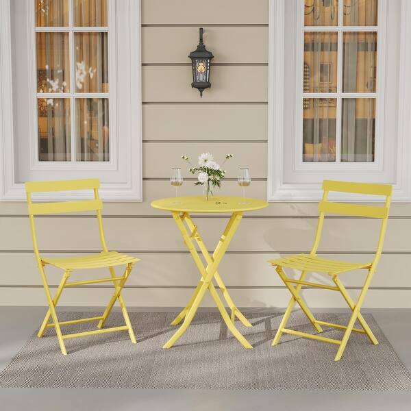 slide 2 of 9, 3-Piece Folding Bistro Set, Foldable Patio Furniture Set with Premium Frame, Outdoor Bistro Table and Chairs Set of 2 Yellow