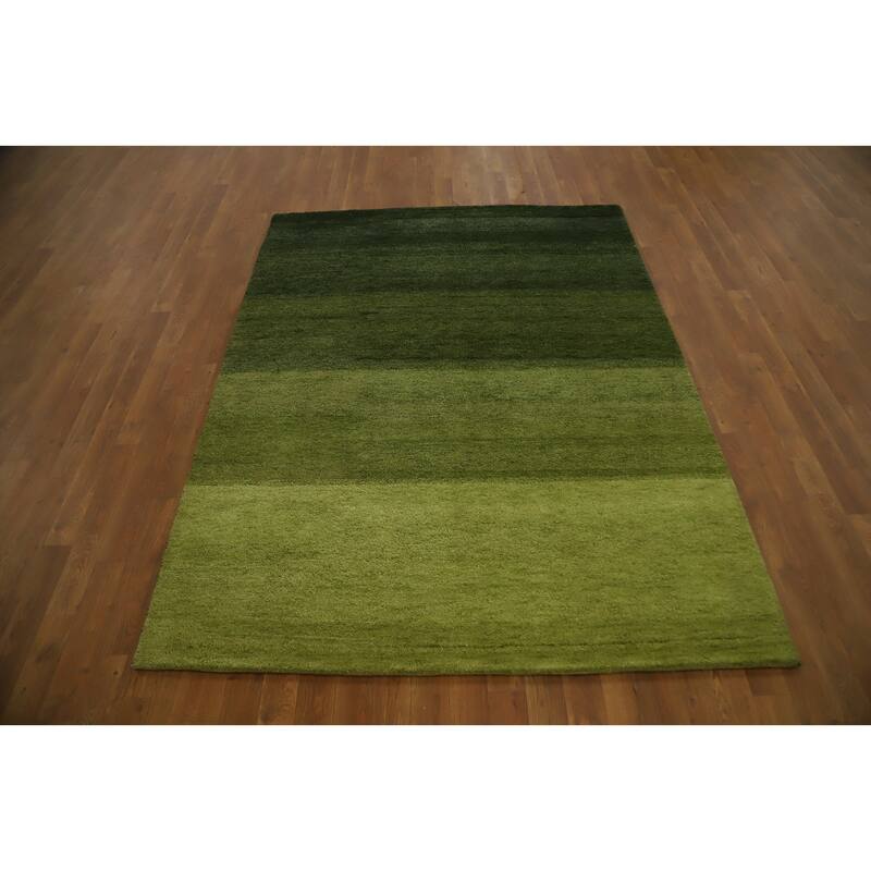Hand Knotted Oriental 100% Wool Carpet Modern Stripe Green Gabbeh Area Rug - 6' 7'' X 5' 0''