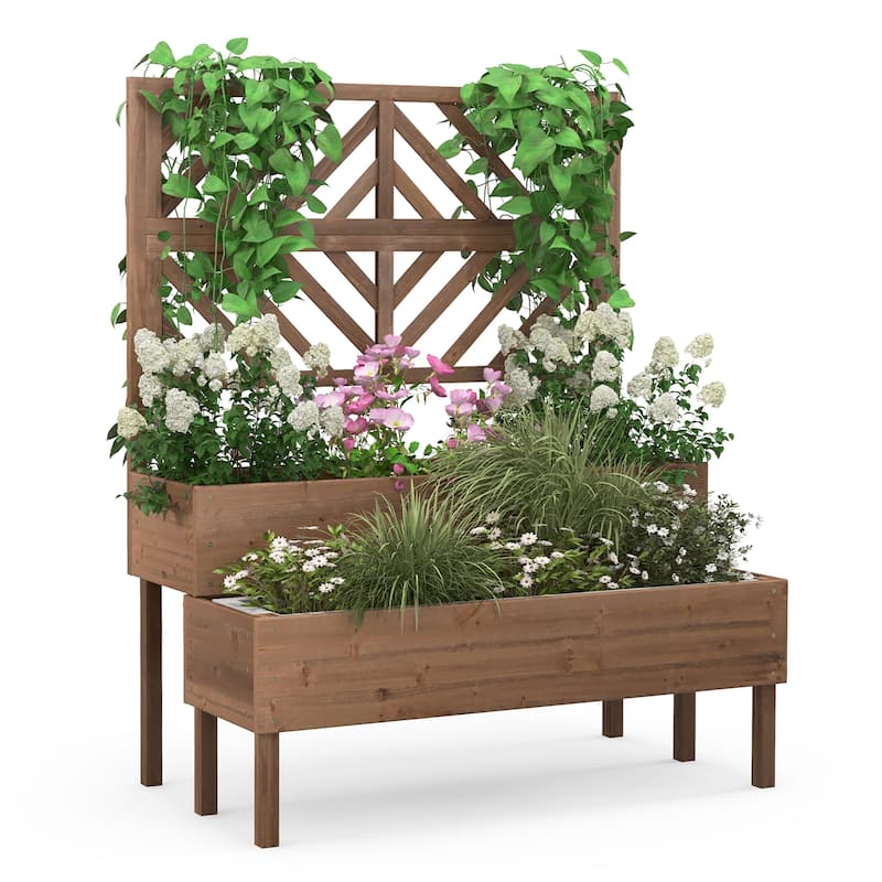 Costway 2-Tier Raised Garden Bed with Trellis Wooden Elevated Planter - See Details - Coffee - See Details