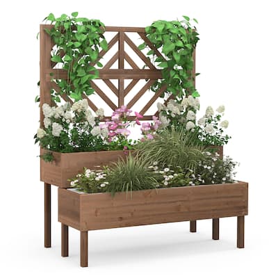 Costway 2-Tier Raised Garden Bed with Trellis Wooden Elevated Planter - See Details