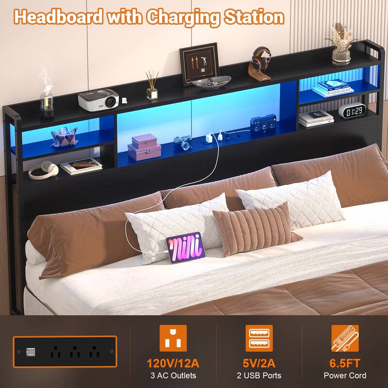 Storage Headboard with USB Port and Power Outlet, Head Board with LED Light for Bed Frame