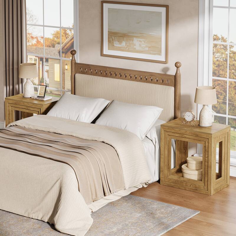 Farmhouse End Table with 2-Tier Storage, 24” Square Wooden Side Table