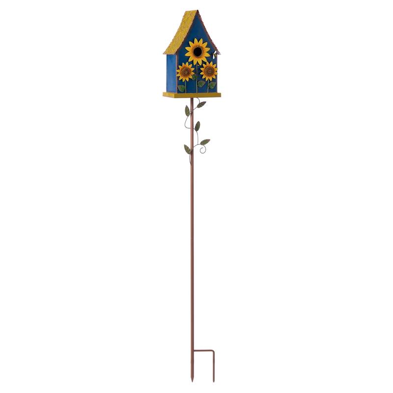 Glitzhome 52.5''H Blue Green Metal Sunflower Decorative Garden Birdhouse with Stake