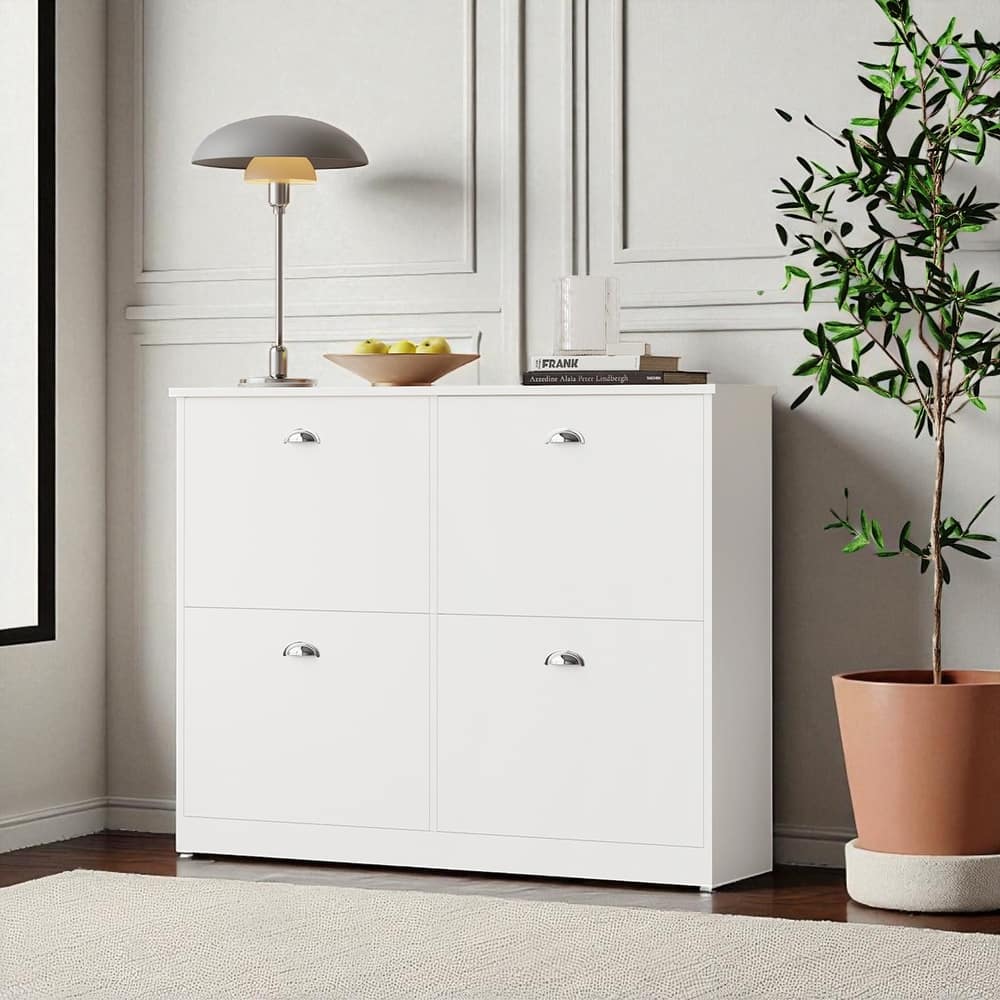 Slim Hidden Shoe Cabinet with 4 Flip Drawers, Narrow Entryway Shoe Rack, Adjustable Dividers, Original Wood Finish