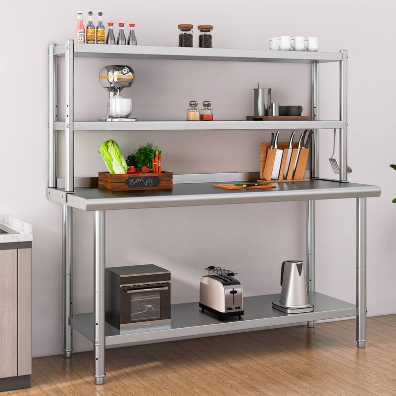Stainless Steel Overshelf, 2 Tier Overshelf with Hook, Adjustable Double Overshelf for Kitchen Prep Table