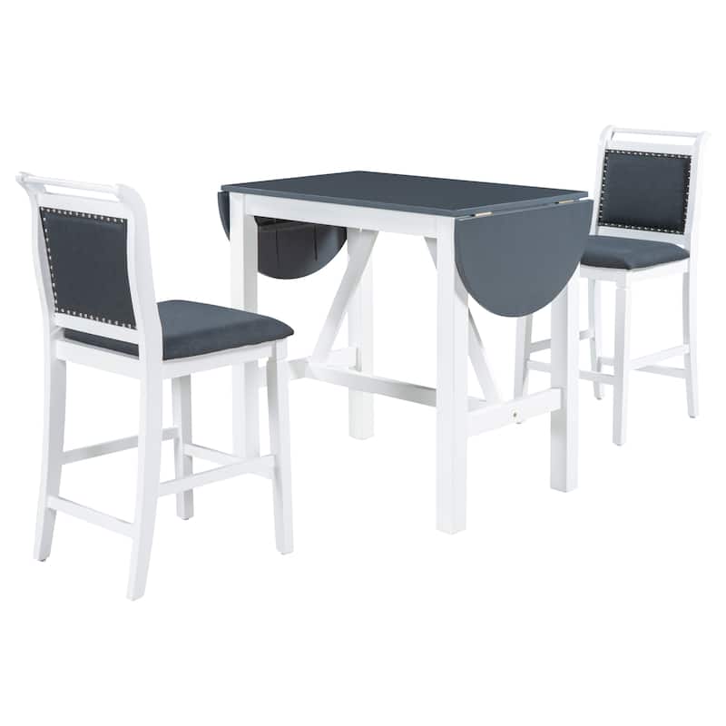 3-Piece Wood Counter Height Drop Leaf Dining Table Set with 2 Upholstered Dining Chairs, Kitchen Island Side Table - White