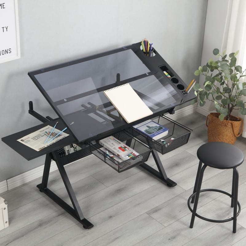 Black Adjustable Glass Drafting & Printing Table Set with Stool