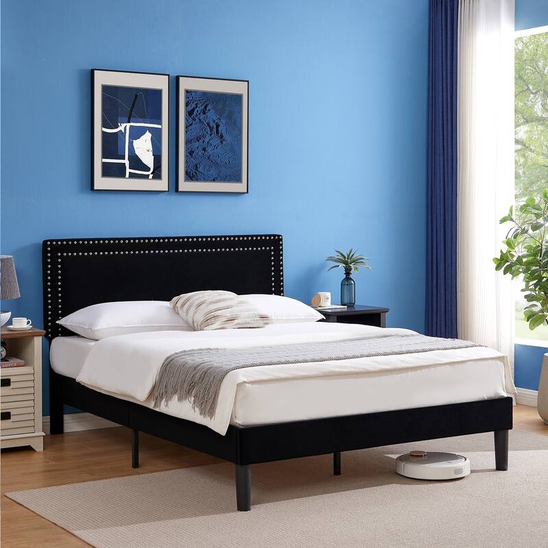Upholstered Platform Bed Frame with Adjustable Headboard, Velvet Nailhead Trim, No Box Spring Needed