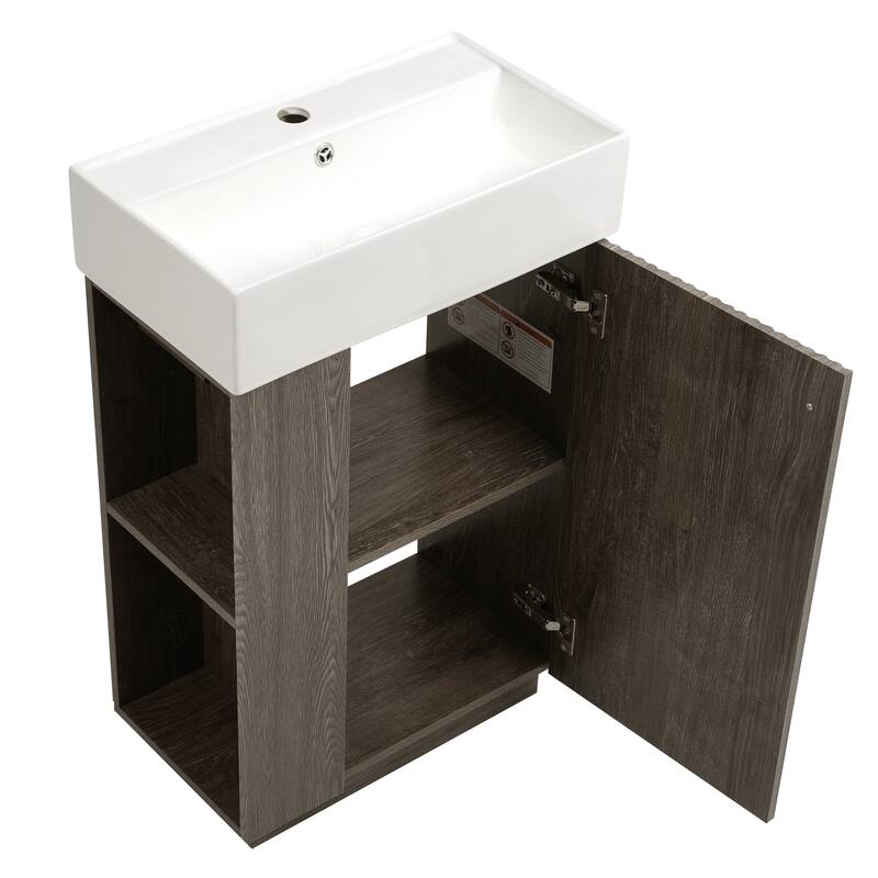 21.6" Bathroom Vanity With Ceramic Sink, Freestanding Modern Right Door Wood Grain Cabinet With Open And Closed Storage