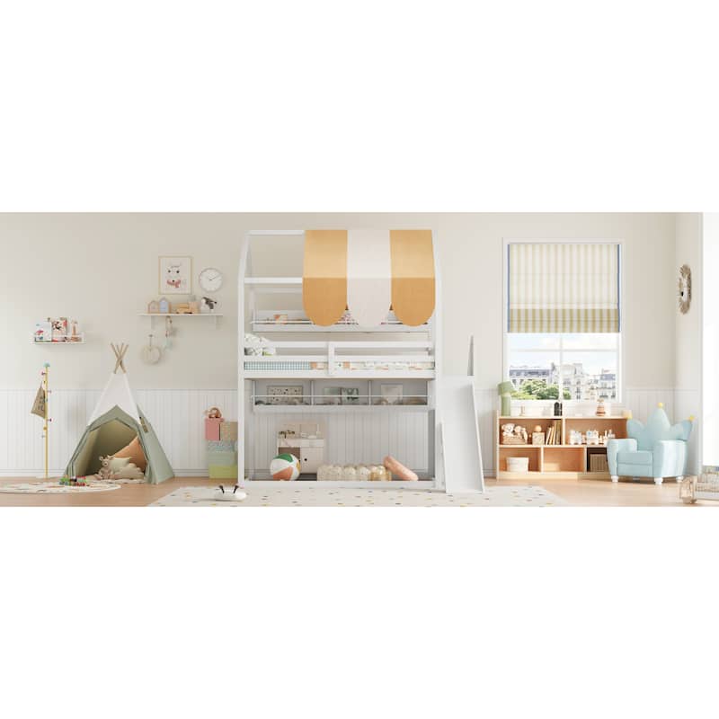 GDFStudio - Wooden Full Size House Bed with Canopy, Slide and Bookshelves