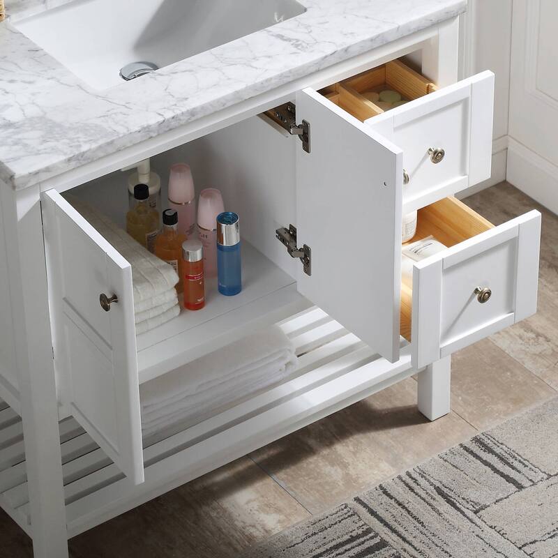 BATHLET White 36 inches Bathroom Vanity with Marble Top and Open Shelf
