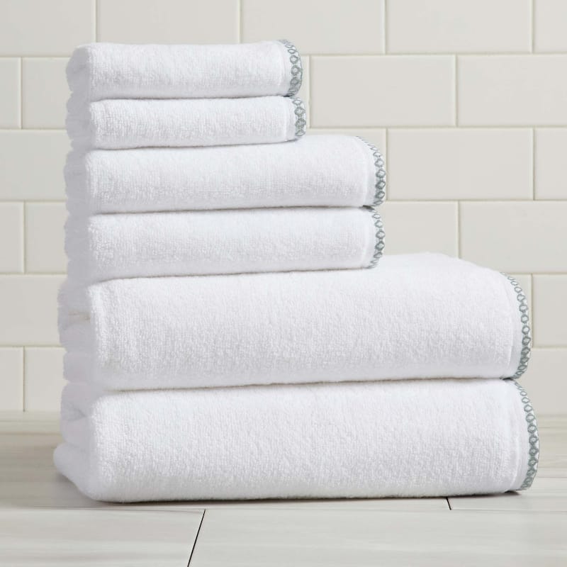 Linery & Co. Quick-Dry Cotton and Decorative Border Towel Set - 6 Piece Set - White / Eucalyptus