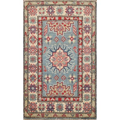 Light Blue Kazak Accent Rug Handmade Geometric Wool Carpet - 2'0" x 3'2"