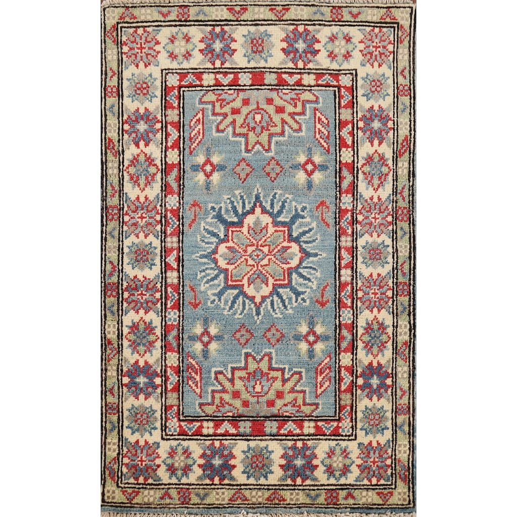 Light Blue Kazak Accent Rug Handmade Geometric Wool Carpet - 2'0" x 3'2"