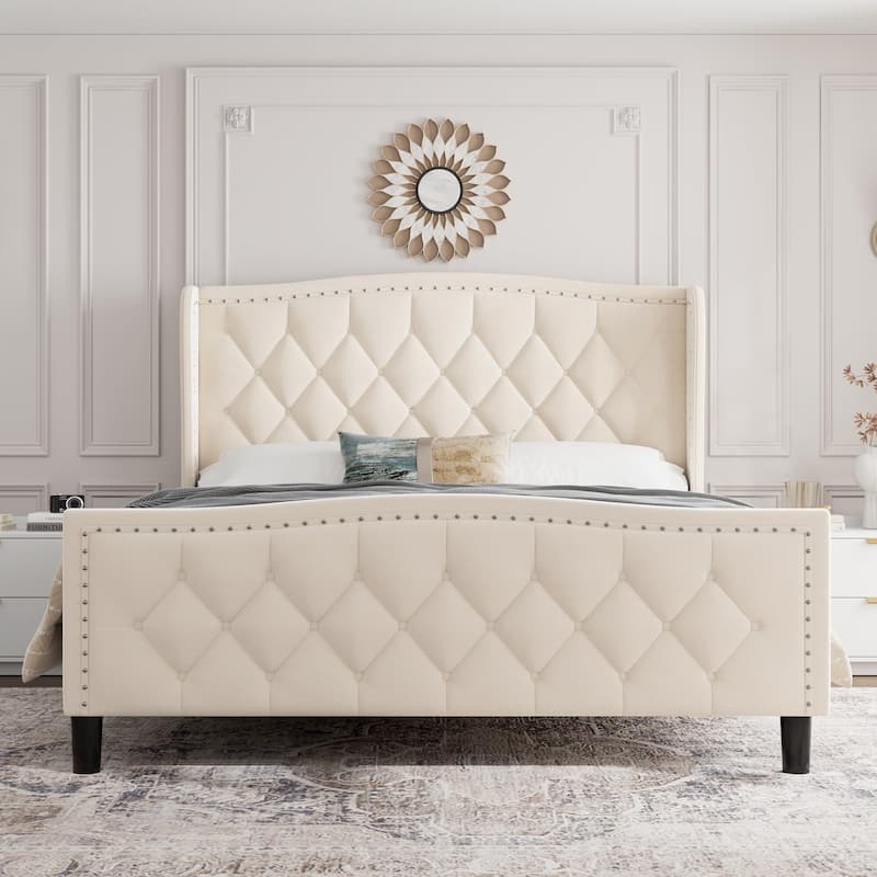 Bed Frame Velvet Upholstered Platform Bed with Wing Side Headboard