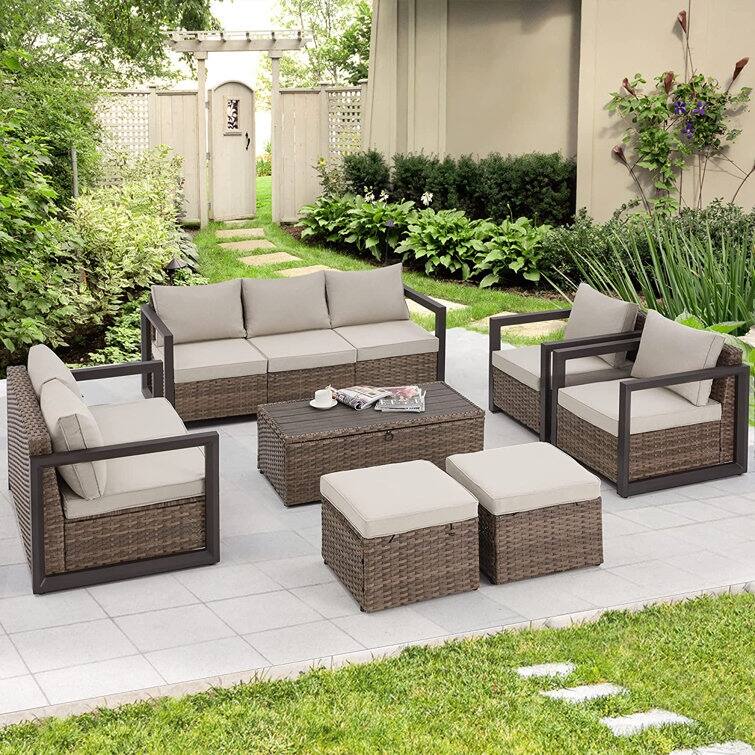 EROMMY 7 Piece Outdoor Patio Furniture Set with Cushions, All-Weather Rattan Sectional Sofa, Aluminum Frame, Coffee Table