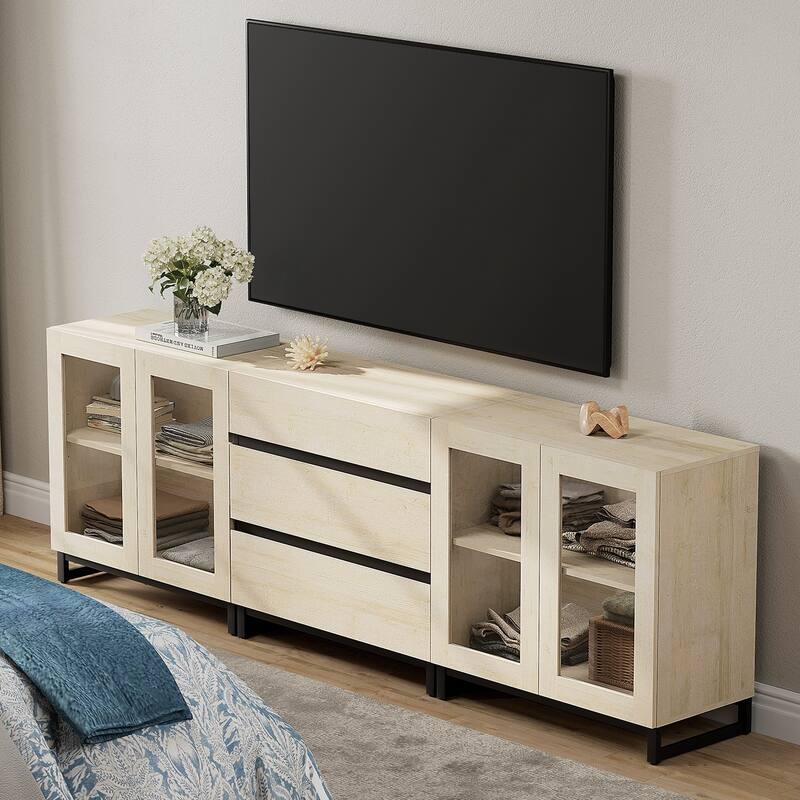 WAMPAT 3 in 1 Modern Dresser with Glass Doors and 3 Drawers, Chest of Drawers for Bedroom