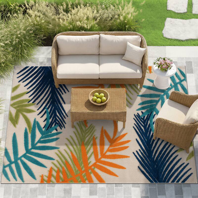 Bahama Palm Frond Indoor/Outdoor Area Rug - 7' 10" x 10' - Blue