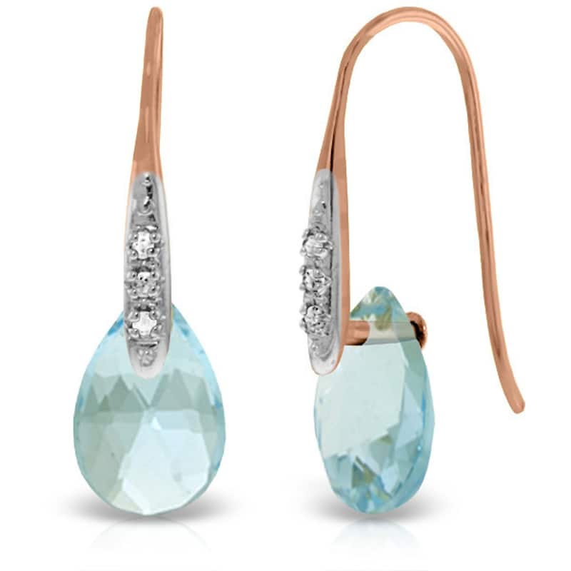 14K Solid Gold Fish Hook Earrings w/ Diamonds & Briolette Blue Topaz - Rose