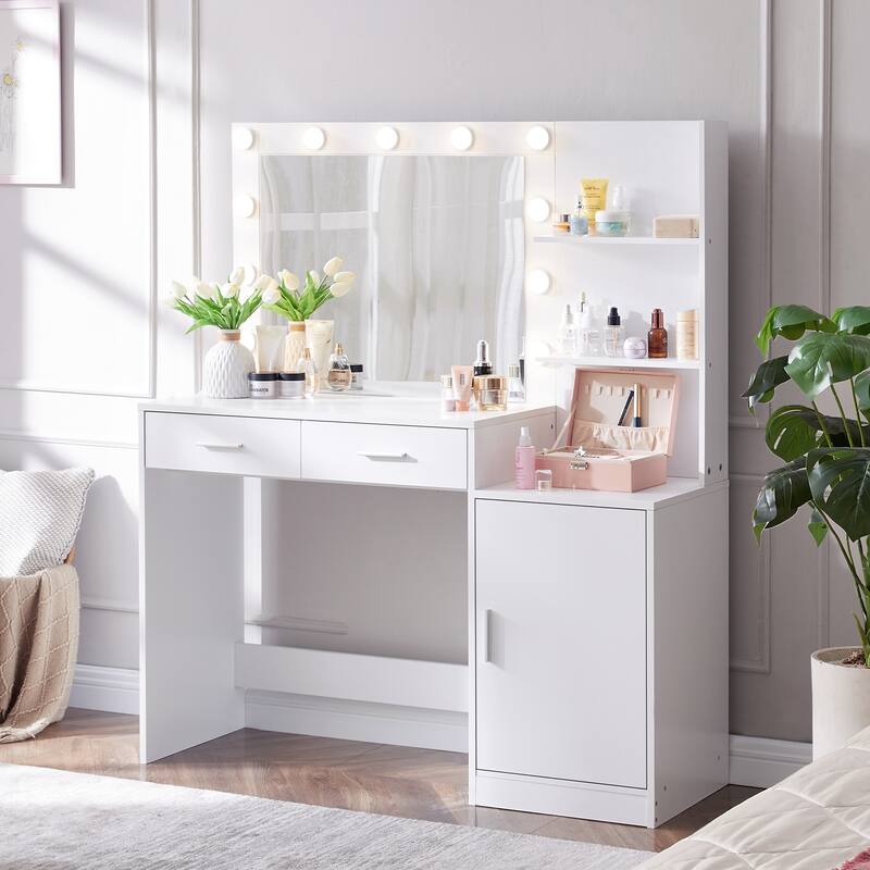 Vanity Desk with Mirror and Lights, Makeup Table with Drawer and Storage Shelves, Vanity Table Set with 3 Lighting Modes