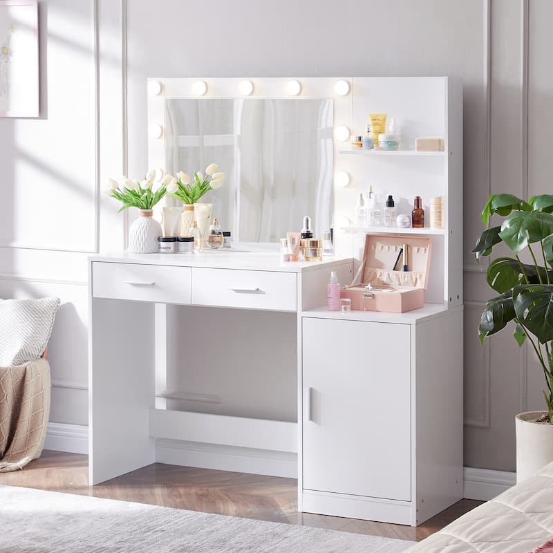 Vanity Desk with Mirror and Lights - White
