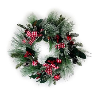 Wreath Snowy Mixed Evergreen with Ornaments, Berries, and Bows 24" - Flocked/Green - 24