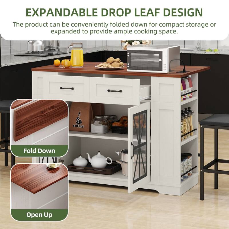 Moasis 3 PCS Kitchen Island Set with 2 Bar Stools,Moible Table with Drop Leaf & Power Outlet