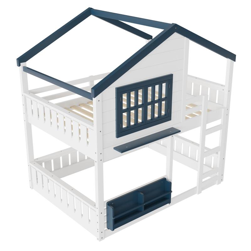 Full/Twin Bunk Bed with Bookshelf, House Design Loft Bed with Safety Fencing, High-Quality Kids Bed Frame