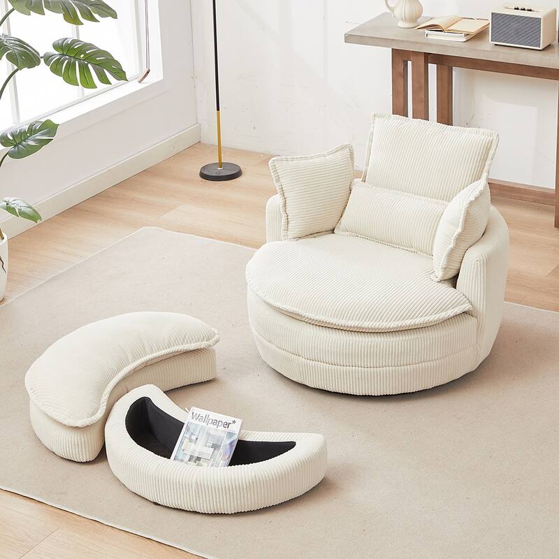 38"W Oversized Round Swivel Barrel Chair with moon storage ottoman and 4 Pillows - Beige
