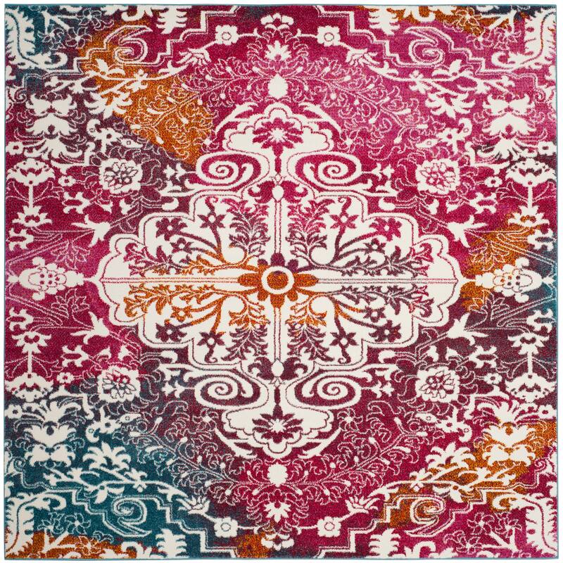 SAFAVIEH Watercolor Alani Modern Abstract Medallion Rug - 6'7" Square - Ivory/Fuchsia